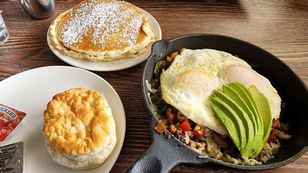 Red rooster skillet and "mini" pancakes