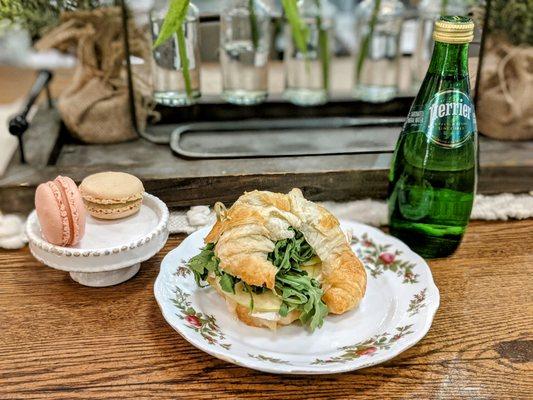 Macrons, croissant sandwich and sparkling water from Whoops! Bakery