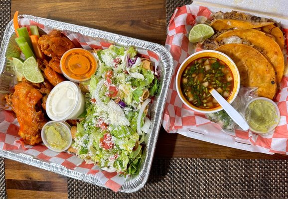 Left side: (Limited Event Special) Wing and Tacos Dorados tray Right Side: Quesabirrias