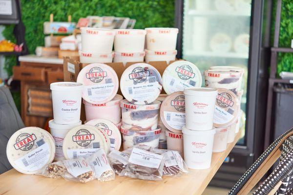 Local Santa Cruz Ice Cream by Marianne's and Treat by Marianne's available in 1qt and 1.5qt.  Also novelty ice cream sandwiches and bars.