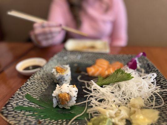 Spicy salmon roll and salmon sashimi, so good -- best on the  Northern Virginia!