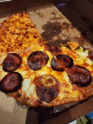 Greasy overcooked pizza