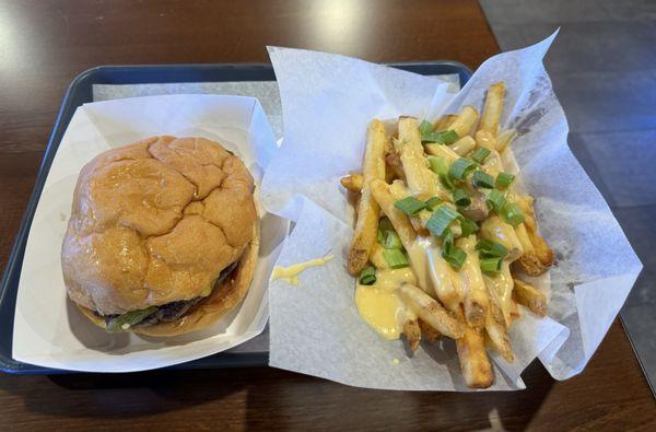 Spicy burger and queso fries