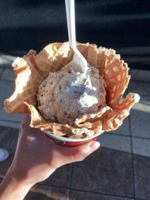 Oreo creme with Reese peanut butter cups in a waffle bowl