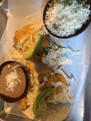 Shrimp Taco-"Easy E" Style combo with Refried Beans and Cilantro-Lime White Rice