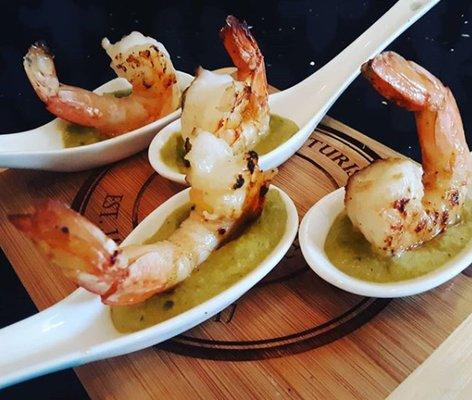 Sauteed Gulf shrimp with pea=and-mint puree.