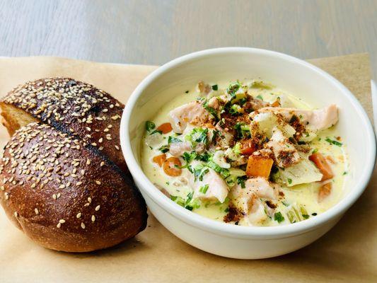 Smoked Seafood Chowder with a severely buttered homemade roll.