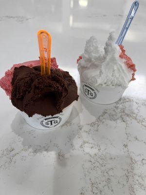 Raspberry and Super Dark Chocolate sorbet (right) Lemon and strawberry sorbet (left)