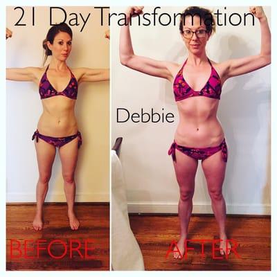 Congrats Debbie! From #skinnyfat to #skinnyfit in 21 days. She lost 3% body fat and dropped 5lbs during the transformation program.