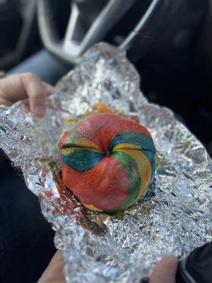 Rainbow Bagel with Egg and Cheese.