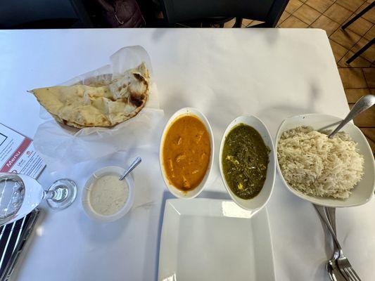 Chicken tikka masala, palak paneer, plain naan, raita and the included rice.