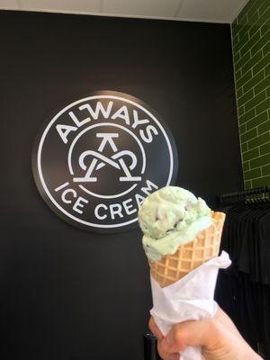 Mint choco chip in a waffle cone