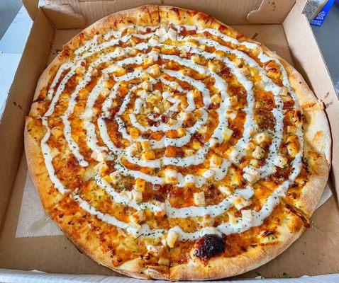 Honey Hot Chicken pizza - honey hot sauce, chicken, mozzarella, cheddar, bacon