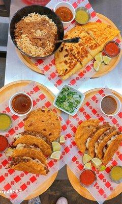 Birria tacos, quesadilla, and ramen.