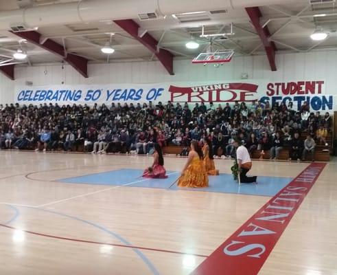 Ke Kai O'Uhane hula dancers performing at Multicultural Week rally