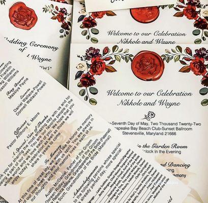 Wedding program; wax seals; services provided 2021