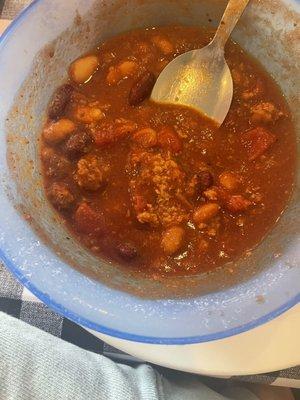 They served my chili in a crusty, plastic bowl.