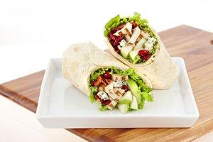 SOPHIE'S SALAD WRAP: Spring mix, all-natural chicken, green apples, dried cranberries, glazed pecans, & bleu cheese.