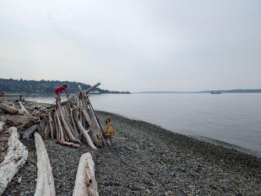 Driftwood structure on the beach