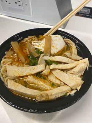 Spicy chicken ramen with a soft boiled egg!! Yesss chef Michael .. I ate a lot of the toppings before taking this photo lol