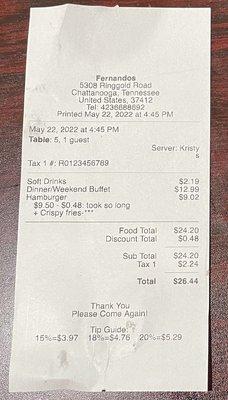 The receipt from my visit