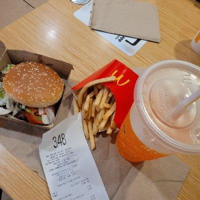 Burger and fries and a drink.