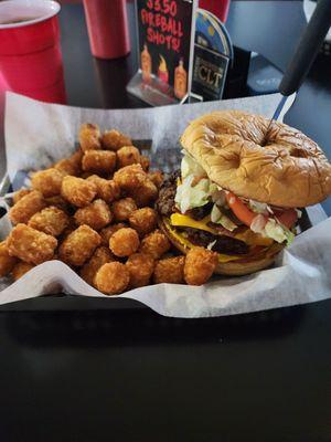 Bacon burger and tater tots