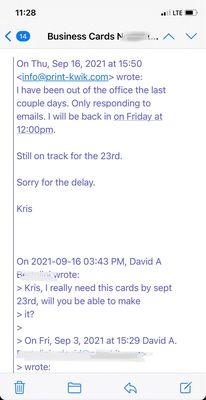 Email from Kris confirming it was all on track for the deadline