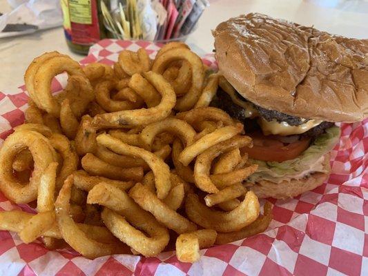 Bacon double cheeseburger with curly fries