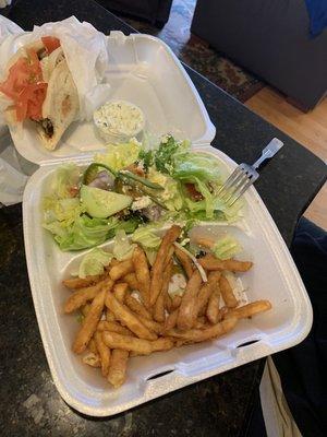 Gyro platter with fries and salad, extra side of tzatziki