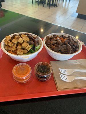 half/half bowl:
chicken and beef
tofu an d beef