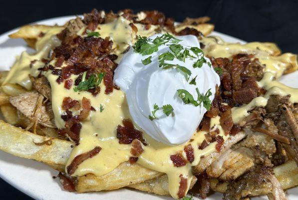 EJI Loaded Fries - Pulled Pork, Cheese, Bacon, Sour Cream.