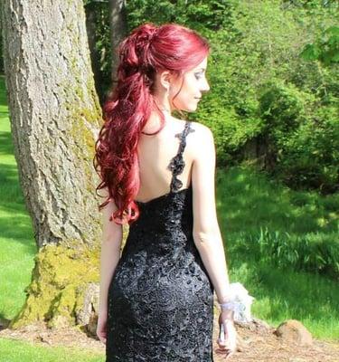 Carol's work on my haircut, color, extensions, and style for prom, 2014.