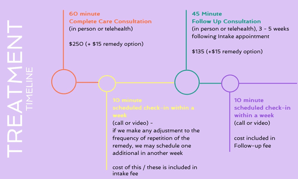 Bernal Homeopathy Treatment Timeline How It Works, Getting started. Intake appointment, check-in call, Follow up appointment, check-in call.