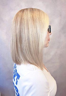 Highlighted light violet  blonde/ Long textured Bob