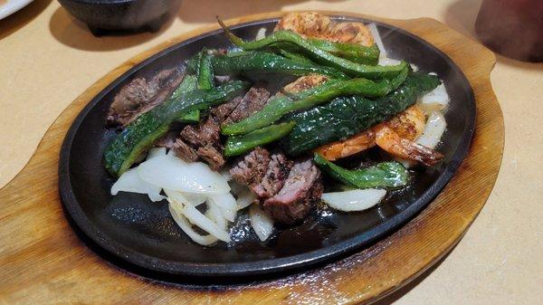 Shrimp and Beef Fajitas with Poblanos and Onions