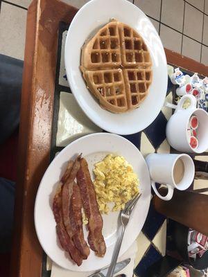 Belgian Waffle, Eggs,Bacon & Coffee $13.84