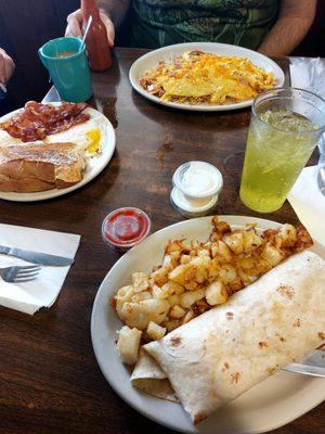 Breakfast burrito, scrambler, and classic breakfast