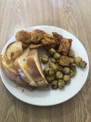 Grilled cheese , fried okra, and fried squash