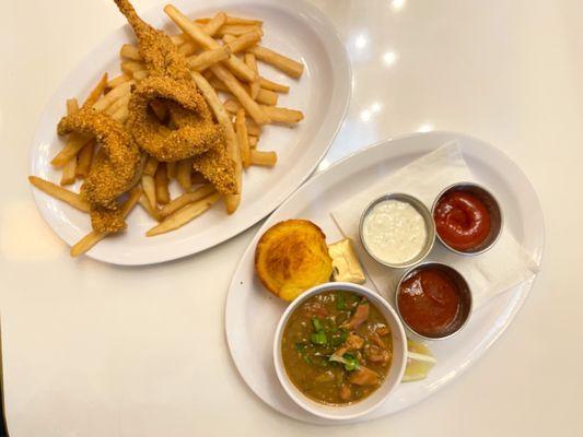 Half portion of Catfish Platter and half portion of Fried Shrimp Po-Boy with Gumbo