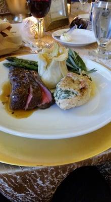 A duet plate served at my wedding for 200 people. Flat Iron Steak & Sicilian Chicken.