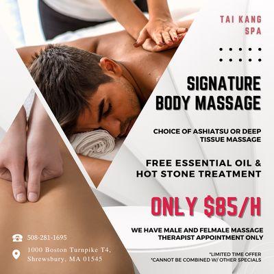 We have professional masseuses and masseurs.
 Appointment Required
 Call us at 508-281-1695