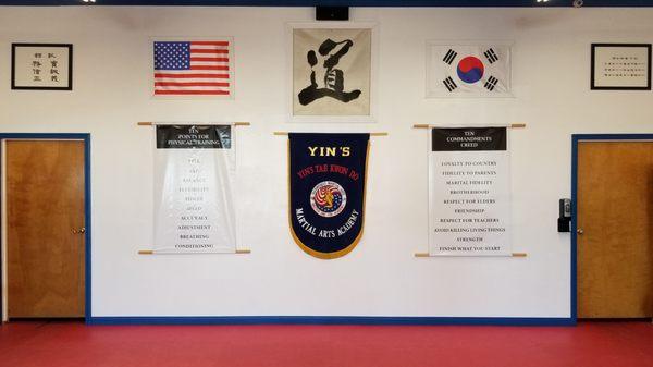 Flag wall with 10 Points for Physical Training and the 10 Articles of Faith