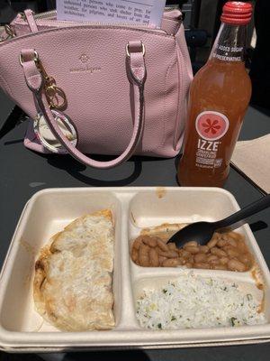 Kids Chicken Quesadilla, rice, pinto beans, Izze