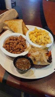 Chopped steak w Mac and cheese and baked beans