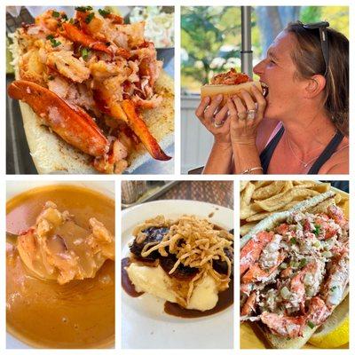 Warm Connecticut Lobster roll, Lobster Bisque, Marinated Skirt steak/mashed potatoes, cold New England Lobster roll.