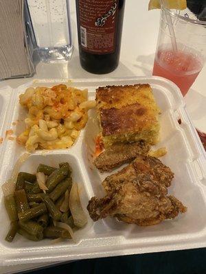 Chicken, green beans, Mac & cheese with cornbread