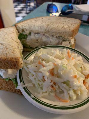 Chicken salad sandwich and slaw