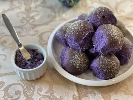 Warm ube pan de sal with ube butter