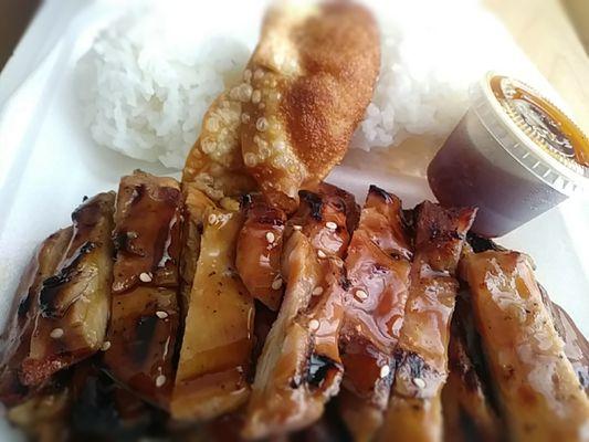 Chicken Teriyaki, gyoza and steamed rice.